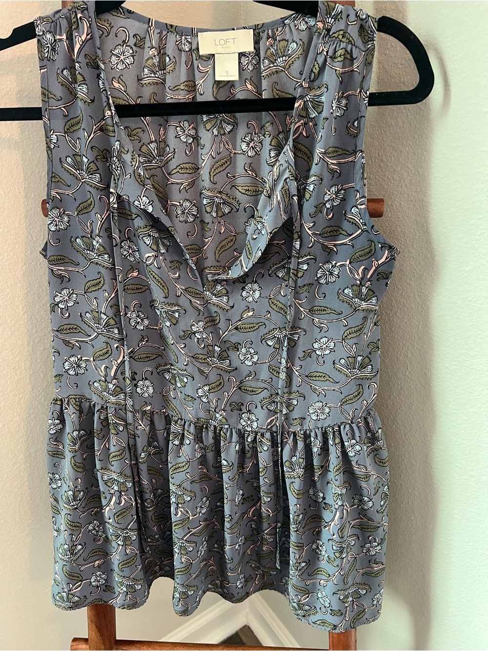 LOFT Floral Ruffled Peplum Camisole in Slate Blue with Green Accents